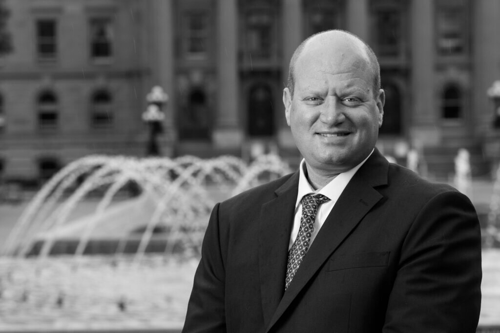 a black and white photo of Rory Ziv Edmonton Criminal Defence Lawyer