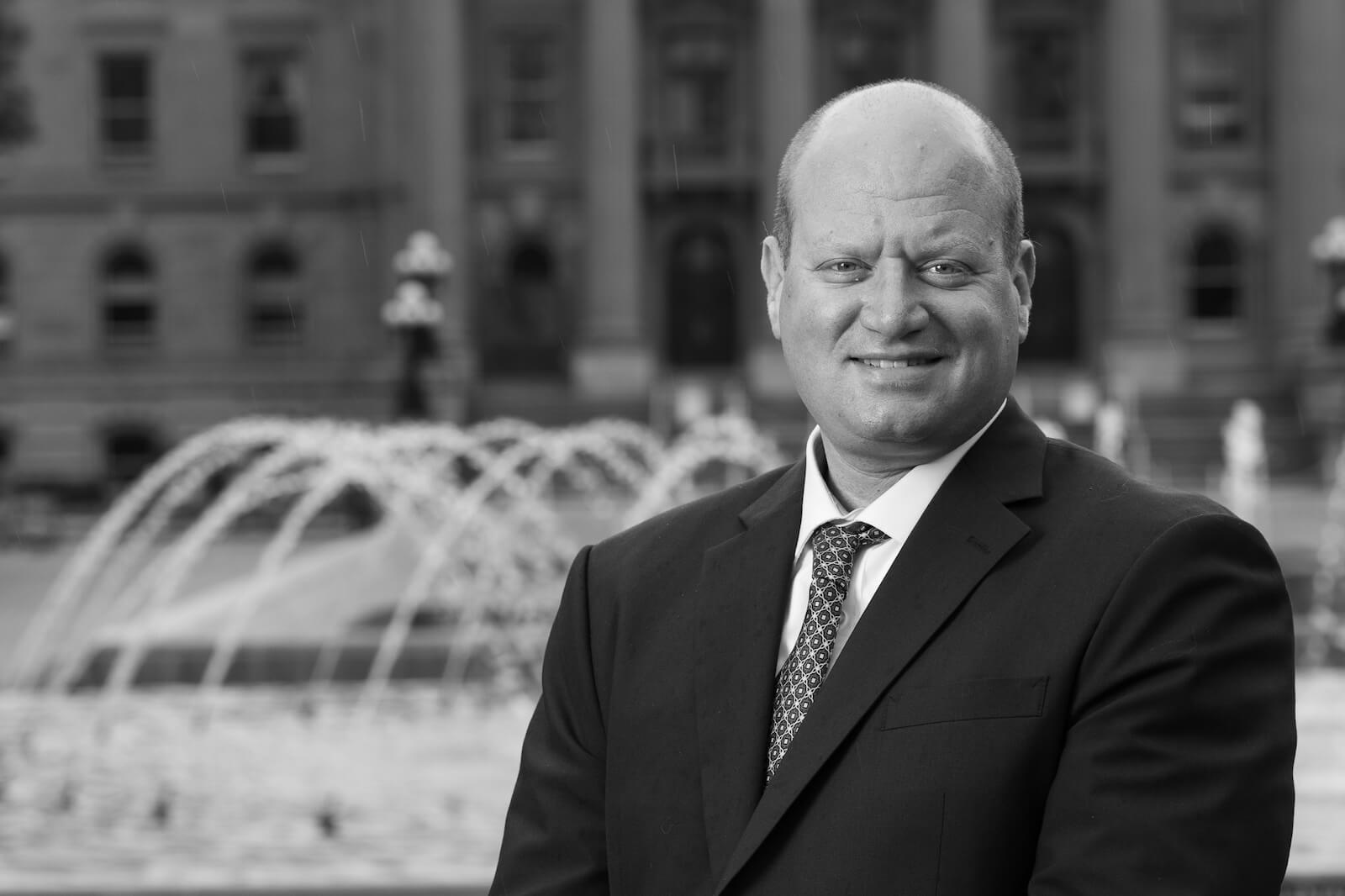 a black and white photo of Rory Ziv Edmonton Criminal Defence Lawyer