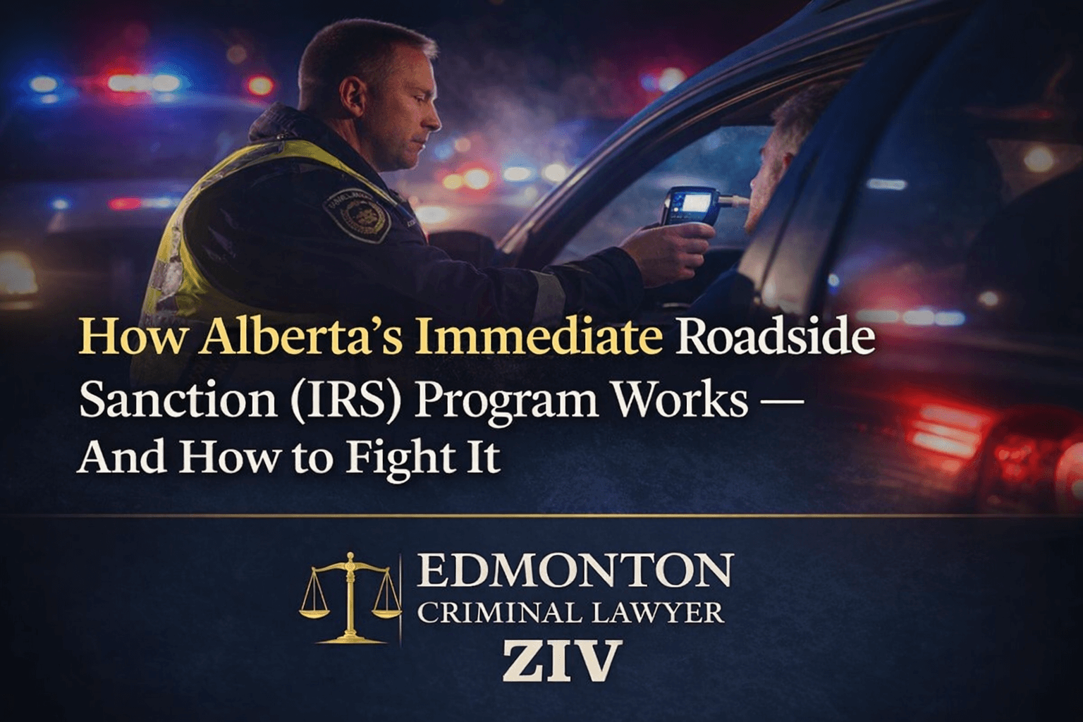 A dramatic nighttime DUI checkpoint scene shows a police officer administering a breath test, overlaid with the headline “How Alberta’s Immediate Roadside Sanction (IRS) Program Works — And How to Fight It” and the Edmonton Criminal Lawyer Ziv logo, creating a serious, authoritative legal tone.