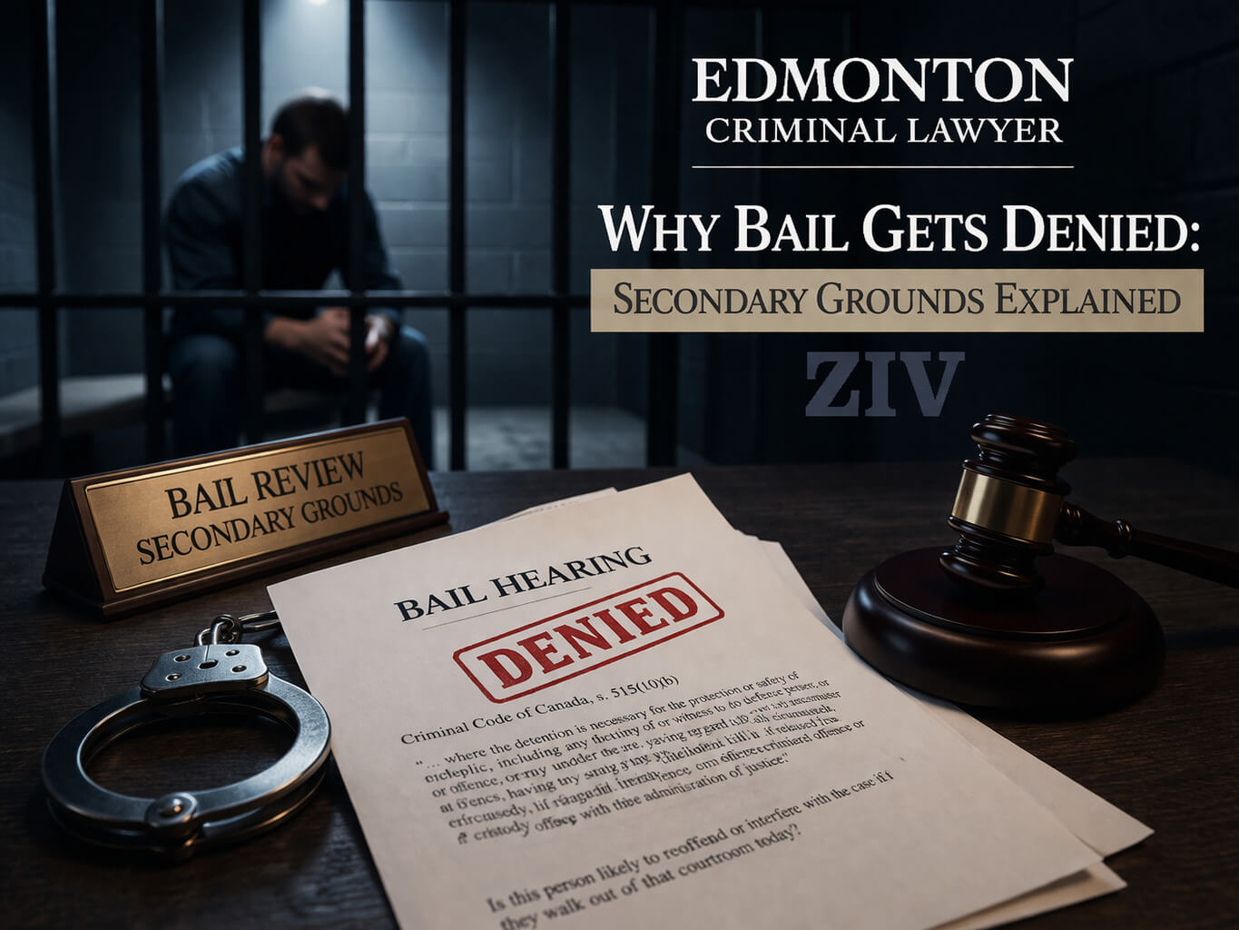 A dramatic nighttime scene shows a handcuffed individual in the foreground, with police lights flashing near a courthouse in the background. Legal documents stamped “Bail Hearing Denied,” a gavel, and case files sit on a table, symbolizing the refusal of bail and concerns about public safety.
