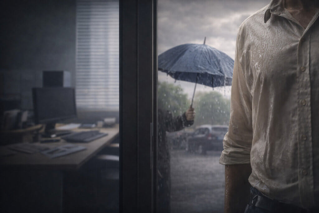 a split image of a dark office and a wet man and in the background rain and an umbrella