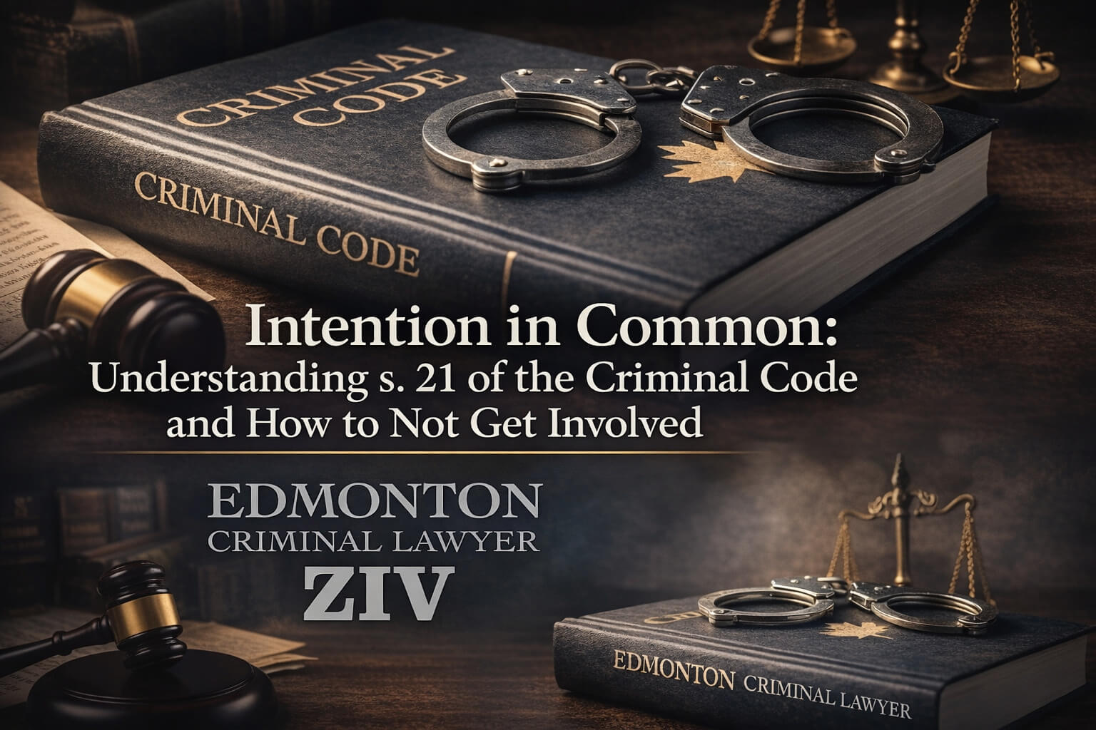 Blog title card for Edmonton Criminal Lawyer Ziv showing handcuffs resting on a Criminal Code law book beside a judge’s gavel and scales of justice, with the title “Intention in Common: Understanding s. 21 of the Criminal Code and How to Not Get Involved” and the Edmonton Criminal Lawyer Ziv logo.