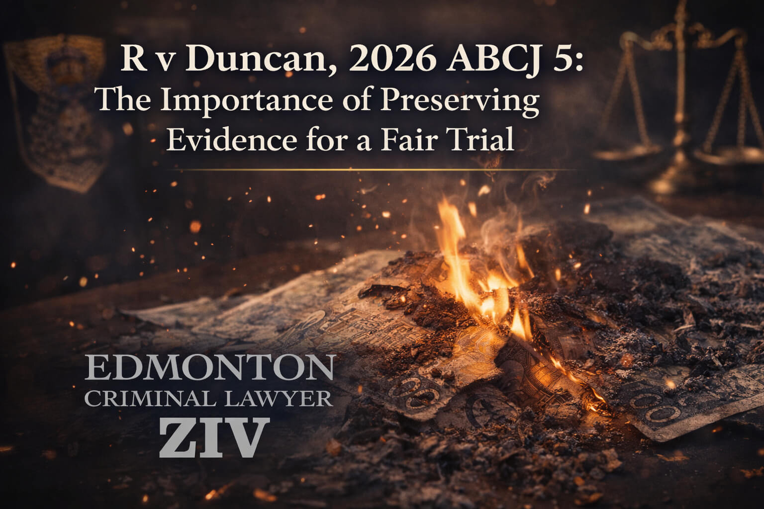 Blog title card for Edmonton Criminal Lawyer Ziv showing burning banknotes representing destroyed evidence, with the title “R v Duncan, 2026 ABCJ 5: The Importance of Preserving Evidence for a Fair Trial” and the Edmonton Criminal Lawyer Ziv logo.