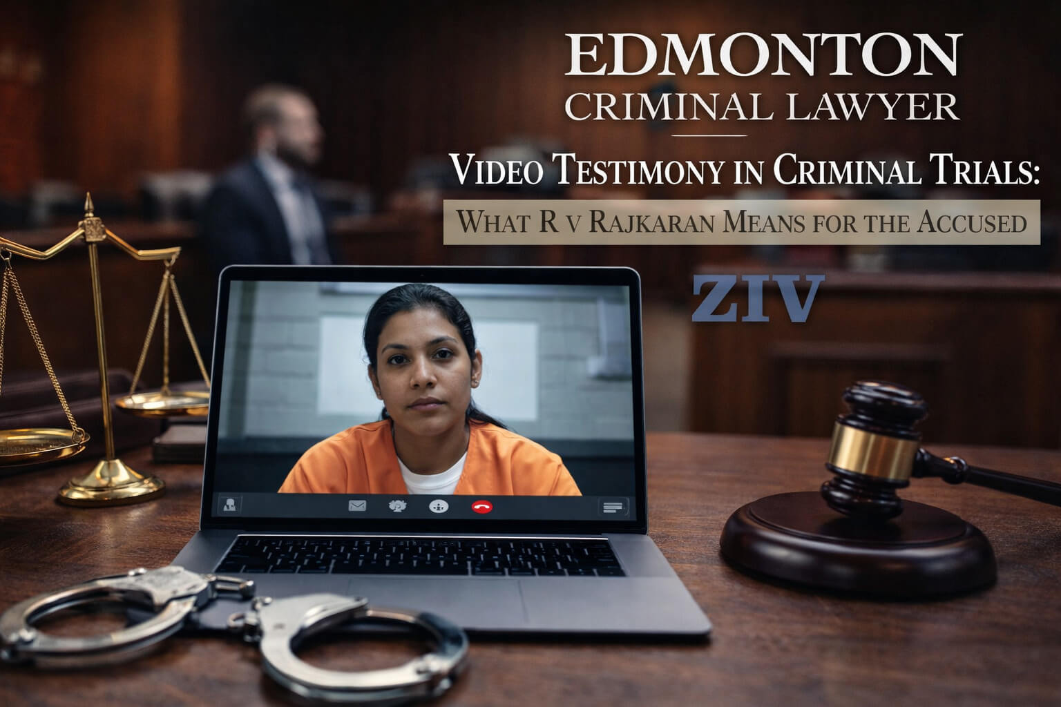 A stylized legal scene shows a laptop displaying a woman appearing by video in a courtroom setting, surrounded by a judge’s gavel and scales of justice, representing remote testimony in criminal trials.